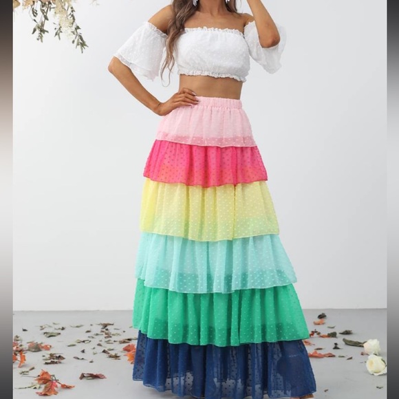 Boho Swiss Dot Off Shoulder Cropped Top Ruffle Frill Color Block Maxi Skirt Set - Picture 2 of 6